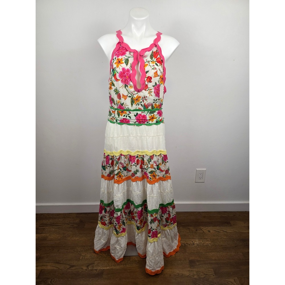Farm Rio Toucan Garden XL Tropical Floral Tiered Maxi Dress Rickrack Trim Cotton
